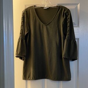 J. Jill Olive V-Neck Blouse with 3/4 Buttoned Bell Sleeves